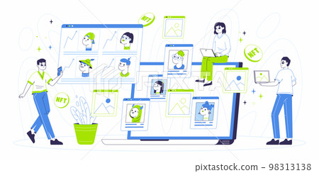 Flat NFT crypto art marketplace, cryptocurrency masterpiece concept. People sell non fungible tokens, blockchain technology digital crypto art flat vector illustration. Non fungible token buying scene 98313138