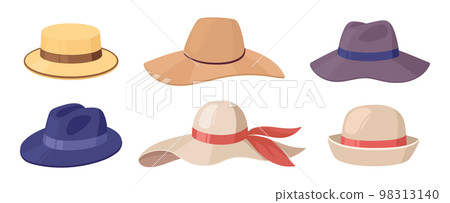 Cartoon hats, fashion headwear derby, fedora and cloche hat. Vintage gentlemen and ladies hats flat symbols illustration set. Retro headwear collection Cartoon hats, fashion headwear derby, fedora and cloche hat. Vintage gentlemen and ladies hats flat symbols illustration set. Retro headwear collection 98313140