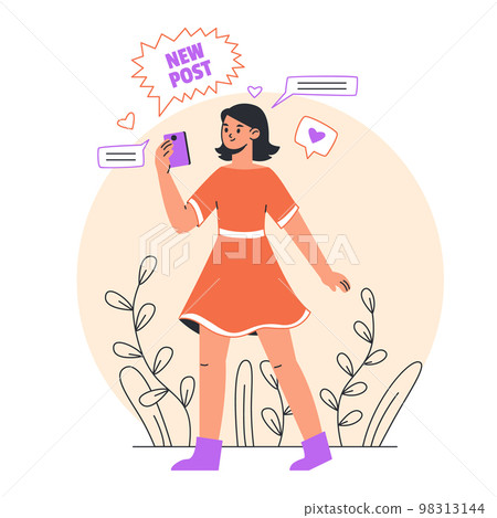 Female blogger making video or photo content. Vlogger girl, young content maker attract new followers flat vector illustration. Digital content maker character Female blogger making video or photo content. Vlogger girl, young content maker attract new followers flat vector illustration. Digital content maker character 98313144