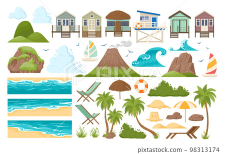 Cartoon tropical sandy beach and sea landscape constructor. Summer beach, palm trees, ocean waves, beach cabin and boats flat vector illustrations set. Nature paradise view elements 98313174