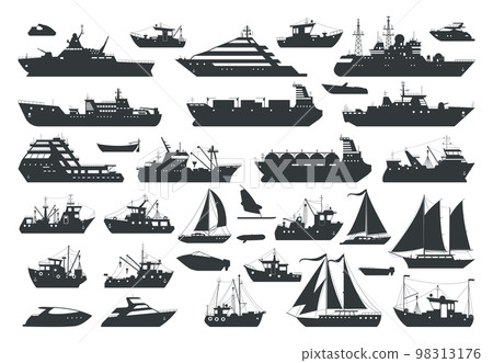 Cartoon ships, sea travel boats and sailboats silhouettes. Industrial and commercial sailing ships, motorboats and fishing trawlers flat vector illustrations collection. Shipping boats silhouettes Cartoon ships, sea travel boats and sailboats silhouettes. Industrial and commercial sailing ships, motorboats and fishing trawlers flat vector illustrations collection. Shipping boats silhouettes 98313176