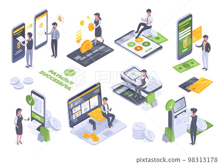 Isometric electronic cashier terminal, online payments service. Mobile payments, ATM and online money transfer vector illustration set. Internet cashier payments 98313178