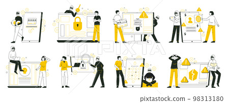 Hacker attack, cyber crime and internet scam phishing. Cyber thieves steal personal data, password or banking info flat vector illustration set. Online security threat 98313180