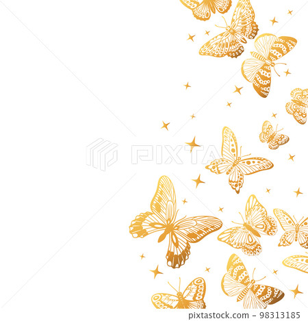 Cartoon gold butterflies pattern, gorgeous butterfly background. Flying golden butterfly flock, gorgeous exotic moths flat vector background illustration. Butterflies backdrop Cartoon gold butterflies pattern, gorgeous butterfly background. Flying golden butterfly flock, gorgeous exotic moths flat vector background illustration. Butterflies backdrop 98313185