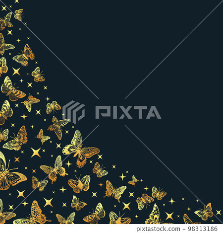 Cartoon golden butterflies silhouettes background, flying butterfly pattern. Gorgeous gold butterfly flock, exotic insects flat vector background illustration. Butterflies backdrop design Cartoon golden butterflies silhouettes background, flying butterfly pattern. Gorgeous gold butterfly flock, exotic insects flat vector background illustration. Butterflies backdrop design 98313186