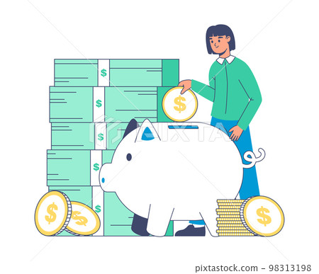 Money saving, woman with piggy bank collecting dollar banknotes and gold coins. Rich girl putting money to piggy bank vector illustration. Flat money saving concept Money saving, woman with piggy bank collecting dollar banknotes and gold coins. Rich girl putting money to piggy bank vector illustration. Flat money saving concept 98313198