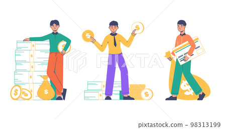 Successful rich people, outline characters with money. Financial well-being, men making, saving or investing money vector symbols illustrations set. Financially successful males Successful rich people, outline characters with money. Financial well-being, men making, saving or investing money vector symbols illustrations set. Financially successful males 98313199