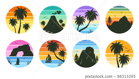 Cartoon retro gradient emblems, sunset 80s style badges. Summer beach palm trees landscape 90s round stamps flat vector illustration set. Tropical sunset gradient symbols 98313205