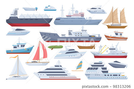 Cartoon sea ships, boats, yacht and cargo ship. Fishing boats, travel cruise and speed boat, water transportation flat vector illustrations set. Shipping boats collection 98313206