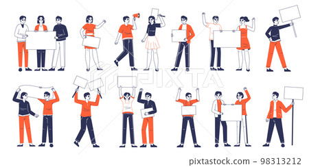 Protesting activists holding blank banners, demonstrating people. Political or environmental manifesting activists, street demonstration flat vector illustration set. Outline protesting people Protesting activists holding blank banners, demonstrating people. Political or environmental manifesting activists, street demonstration flat vector illustration set. Outline protesting people 98313212