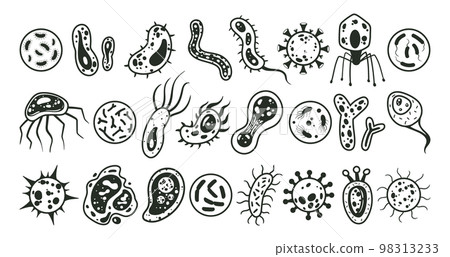 Bacteria and microbes, cartoon germs, microorganisms silhouettes. Cartoon biological organisms, viruses, bacteria, fungi flat vector illustration set. Microbes collection Bacteria and microbes, cartoon germs, microorganisms silhouettes. Cartoon biological organisms, viruses, bacteria, fungi flat vector illustration set. Microbes collection 98313233