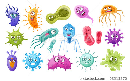 Cartoon bacteria, microbes and viruses germs mascots. Cute microorganisms, bacteria with facial emotions flat vector symbols illustration set. Funny bacteria and viruses 98313270