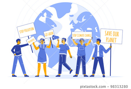 Eco, environmental protection activists holding banners. Save our planet demonstration, climate change protesters flat vector illustration. Ecology activism manifesting 98313280