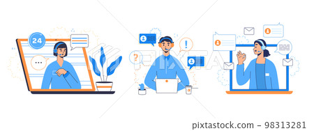 Customer support service, client help center hotline operators. Flat customer care workers, mobile client support center flat vector illustration set. Problem solving customer care Customer support service, client help center hotline operators. Flat customer care workers, mobile client support center flat vector illustration set. Problem solving customer care 98313281