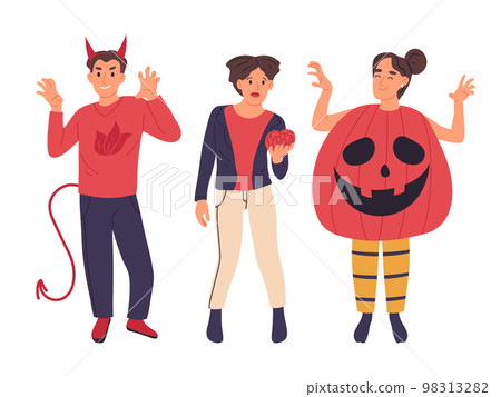 Flat Halloween party pumpkin and devil masquerade characters. People wearing carnival costumes, Halloween holiday party celebration flat illustration set. Spooky masquerade characters 98313282