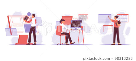 Flat IT developers and programmers, outline software engineers. Programming developers coding and testing products flat vector illustration set. Software engineers scenes 98313283