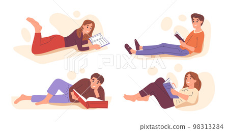Flat reading people, studying characters, book lovers. Women and men with books, book readers, literature fans reading in comfy positions flat illustration set. People reading at home Flat reading people, studying characters, book lovers. Women and men with books, book readers, literature fans reading in comfy positions flat illustration set. People reading at home 98313284