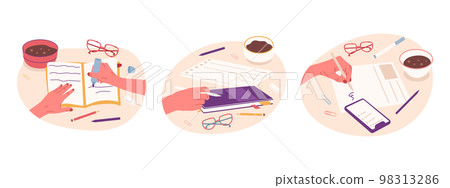 Flat writing hands, female or male hands making notes and signing documents. Cartoon hands holding pens and pencils flat vector symbols illustrations set. Paperwork concept Flat writing hands, female or male hands making notes and signing documents. Cartoon hands holding pens and pencils flat vector symbols illustrations set. Paperwork concept 98313286