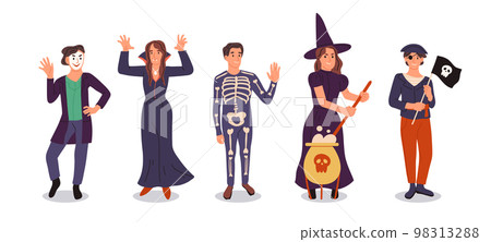 Halloween party characters wearing witch, vampire and pirate costumes. Spooky masquerade event, happy people treat or treating flat symbols illustration set. Cartoon Halloween characters Halloween party characters wearing witch, vampire and pirate costumes. Spooky masquerade event, happy people treat or treating flat symbols illustration set. Cartoon Halloween characters 98313288