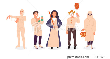 Halloween party event mummy, clown and ghost cartoon characters. People wearing masquerade costumes, spooky holiday party costumes flat illustration set. Trick or treat masquerade Halloween party event mummy, clown and ghost cartoon characters. People wearing masquerade costumes, spooky holiday party costumes flat illustration set. Trick or treat masquerade 98313289