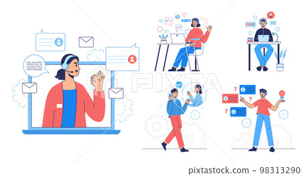 Online customer support service, personal assistant, client help center. Hotline operators, advice call center, virtual advice services flat vector illustration set. Customer support center Online customer support service, personal assistant, client help center. Hotline operators, advice call center, virtual advice services flat vector illustration set. Customer support center 98313290