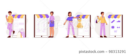 Online shopping characters, people buying goods in mobile store. Internet purchases, online retail and grocery store customers flat vector illustration. Outline mobile shopping collection Online shopping characters, people buying goods in mobile store. Internet purchases, online retail and grocery store customers flat vector illustration. Outline mobile shopping collection 98313291