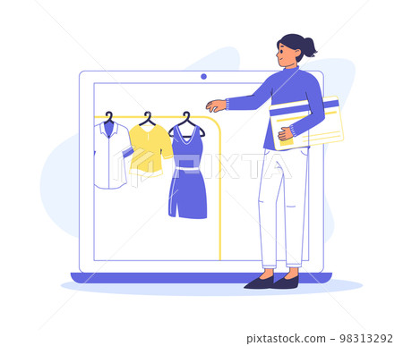 Shopping character, young woman buying goods in online store. Mobile purchases, retail store female customer flat vector illustration. Online shopping concept Shopping character, young woman buying goods in online store. Mobile purchases, retail store female customer flat vector illustration. Online shopping concept 98313292