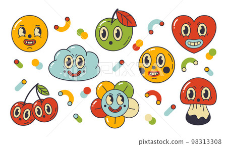 Cartoon funny comic characters, abstract stickers faces. Heart, cloud, mushroom and cherry mascots flat vector symbols illustration set. Cute comic emoji bundle Cartoon funny comic characters, abstract stickers faces. Heart, cloud, mushroom and cherry mascots flat vector symbols illustration set. Cute comic emoji bundle 98313308
