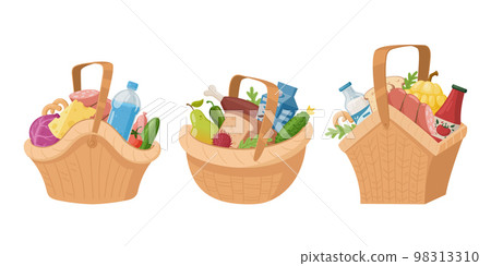 Cartoon picnic wicker baskets, grocery shopping or picnic snacks. Hamper handle baskets with vegetable, fruits, cheese and bread flat vector illustration set. Wicker picnic baskets Cartoon picnic wicker baskets, grocery shopping or picnic snacks. Hamper handle baskets with vegetable, fruits, cheese and bread flat vector illustration set. Wicker picnic baskets 98313310
