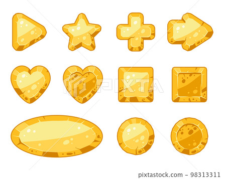 Cartoon stone gold game app buttons, frames and arrows. Gravel rock plates gambling buttons, golden rock stones signs flat vector symbols illustration set. Stone buttons collection 98313311