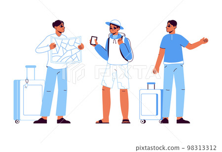 Cartoon travellers group with map, travellers outline characters. Traveling people, tourists finding map location vector illustrations set. Flat tourist people scene 98313312