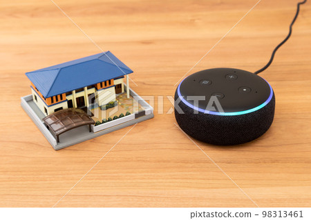 House model and smart speaker on the table 98313461
