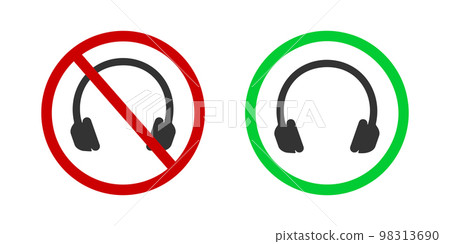 Headphones prohibited and allowed icons. Earphones enable and disable labels. Headphones pictograms in red forbidden and green permitted signs isolated on white background 98313690