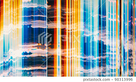 Glitch overlay. Distorted display. Multicolor striped background. 98313996
