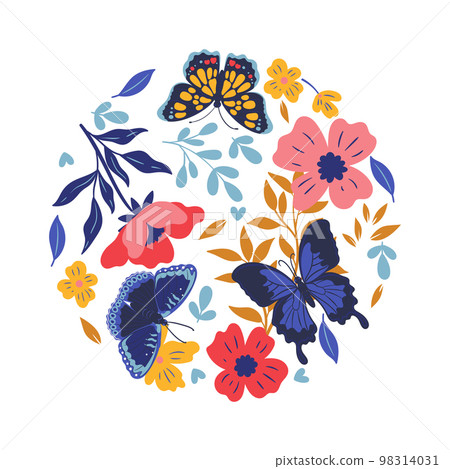 Round composition with butterflies isolated on white background. Vector graphics. 98314031