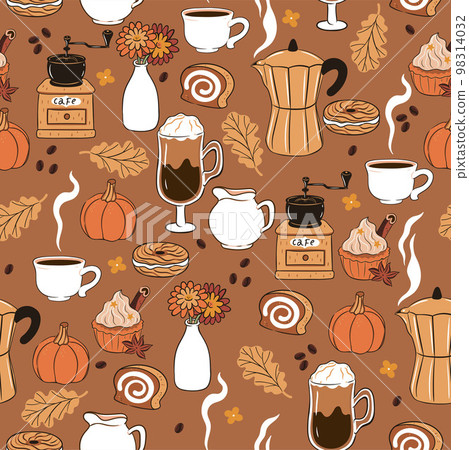 Seamless pattern with coffee, pastries, coffee grinders, bouquets, autumn leaves. Vector graphics. 98314032