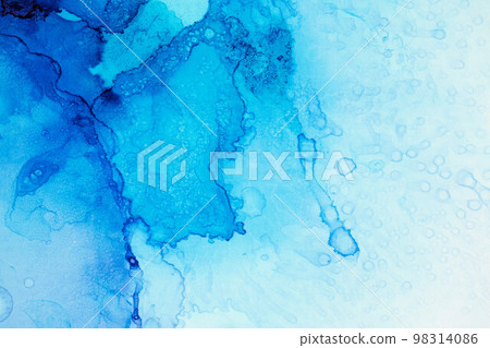Abstract bright blue alcohol ink paint drops and splotches on white background. Art for design project as background for invitation or greeting cards, flyer, poster, presentation Abstract bright blue alcohol ink paint drops and splotches on white background. Art for design project as background for invitation or greeting cards, flyer, poster, presentation 98314086