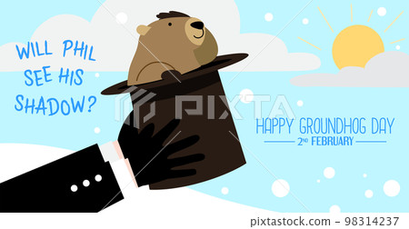 Groundhog Phil in a top hat hold by a man Groundhog Phil in a top hat hold by a man 98314237