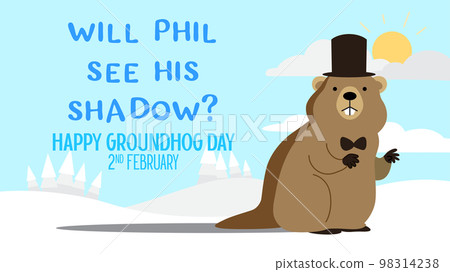 Groundhog Phil wearing a top hat on snowy land Groundhog Phil wearing a top hat on snowy land 98314238