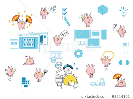 Illustration set of a man holding money and a pig character 98314501