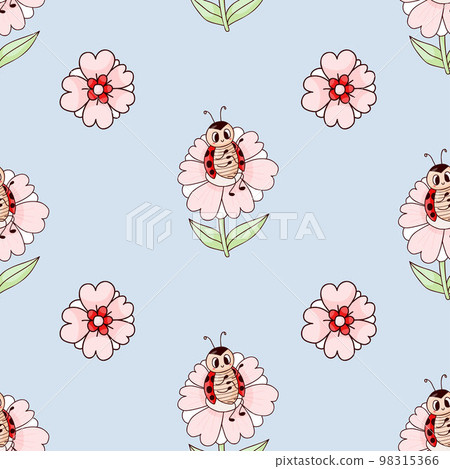 Seamless pattern with cute ladybug on flower on light blue background. Vector illustration. Endless background for childrens collection, decor, design, textiles, packaging, wallpaper. 98315366