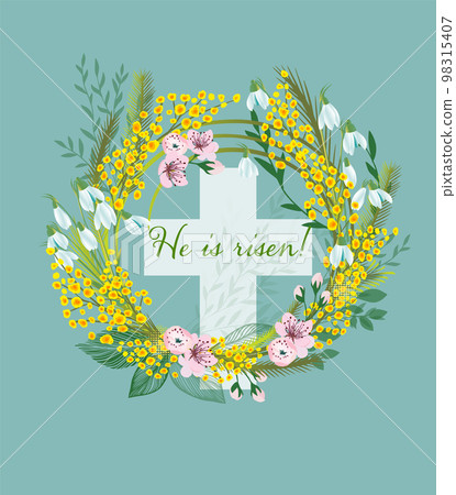 He is risen . Symbol for congratulations on the Resurrection of Christ. Vector illustration 98315407
