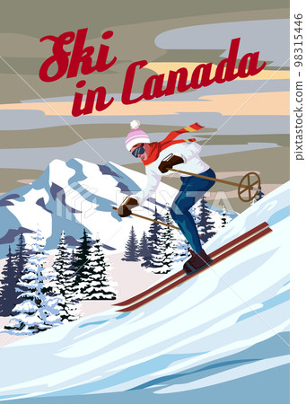 Travel poster Ski in Canada vintage. Canada winter landscape travel card 98315446