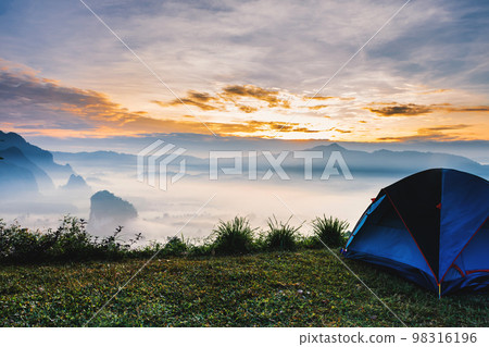 landscape of mountains fog and tent Phu Lanka National Park Phayao province north of Thailand 98316196