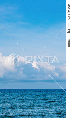 BANNER, VERTICAL STORY Atmosphere panorama white cloud clear blue sky horizon line calm empty sea. Concept paradise life. Design relax wallpaper background. More tone format in stock BANNER, VERTICAL STORY Atmosphere panorama white cloud clear blue sky horizon line calm empty sea. Concept paradise life. Design relax wallpaper background. More tone format in stock 98316396