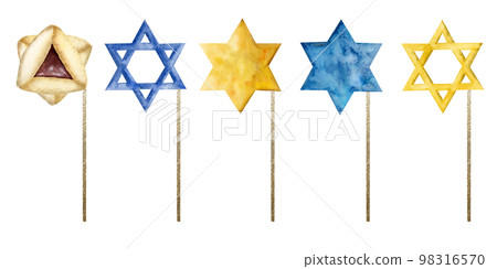Photo Booth stars of David and Purim cookies on sticks. Watercolor illustration in blue and yellow isolated on white Photo Booth stars of David and Purim cookies on sticks. Watercolor illustration in blue and yellow isolated on white 98316570