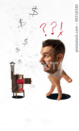 Conceptual creative art collage with huge man's head on human hand instead body and legs like office manager, white collar looking at heater. 98316580