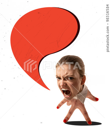 Shouting boss. Contemporary art collage with woman's head on human hand instead body and legs like office clerk white collar. Hand-thing. Creative, business process, job 98316584