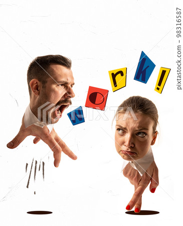 Destroy gender stereotypes. Conceptual collage with huge man's and woman's head on human hand instead body and legs like office manager, white collar. Destroy gender stereotypes. Conceptual collage with huge man's and woman's head on human hand instead body and legs like office manager, white collar. 98316587