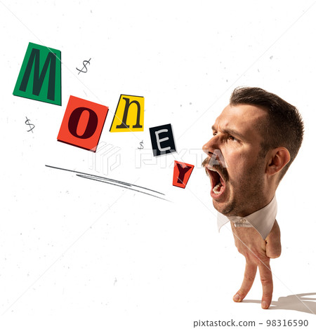 Big boss. Conceptual creative art collage with huge man's head on human hand instead body and legs like office manager, white collar. Creative, job, career, finance concept 98316590